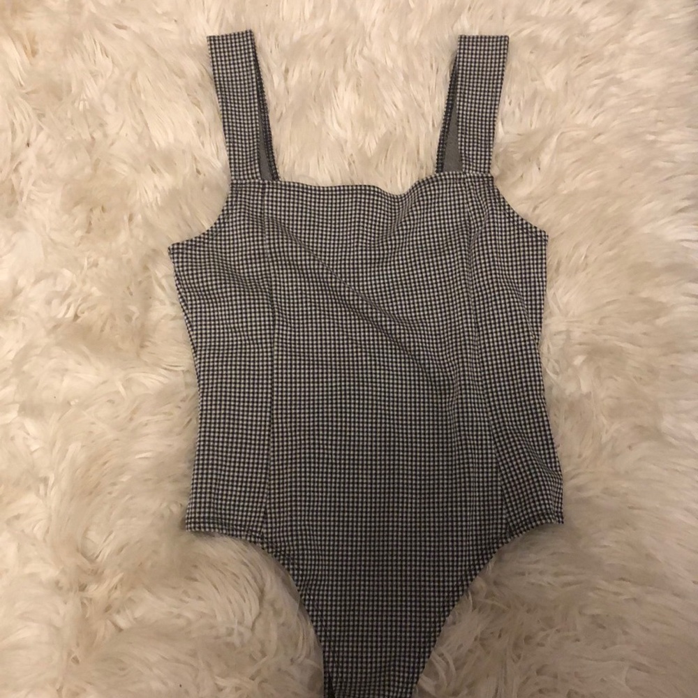 Navy and white checkered bodysuit